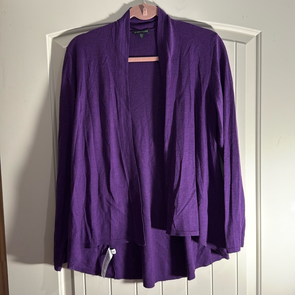 Eileen Fisher 100% Merino Wool Cardigan Womens SP purple drape front high lo